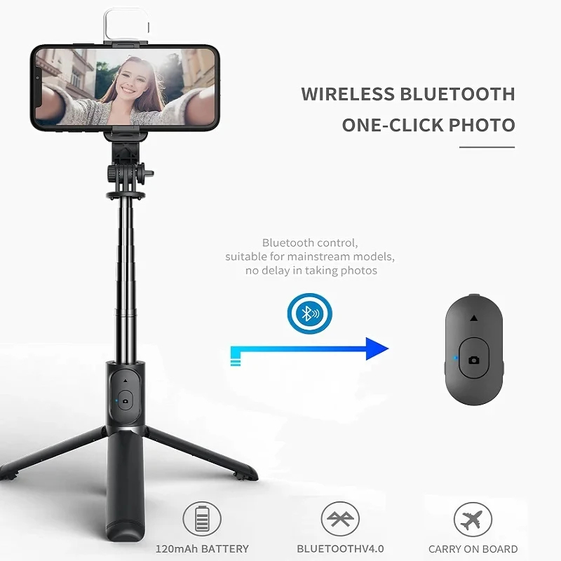 Xiaomi Selfie Stick 1m مع بلوتوث لاسلكي LED ملء الضوء ترايبود ممتد مع مصراع التحكم عن بعد للهاتف المحمول Android IOS