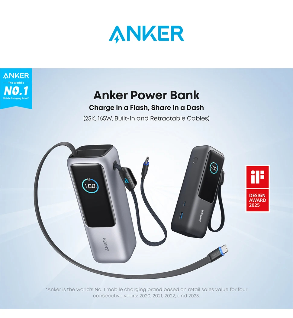 بنك طاقة للكمبيوتر المحمول Anker، شاحن محمول بقدرة 25,000 مللي أمبير في الساعة مع منافذ USB-C ثلاثية 100 وات للشحن متعدد الأجهزة