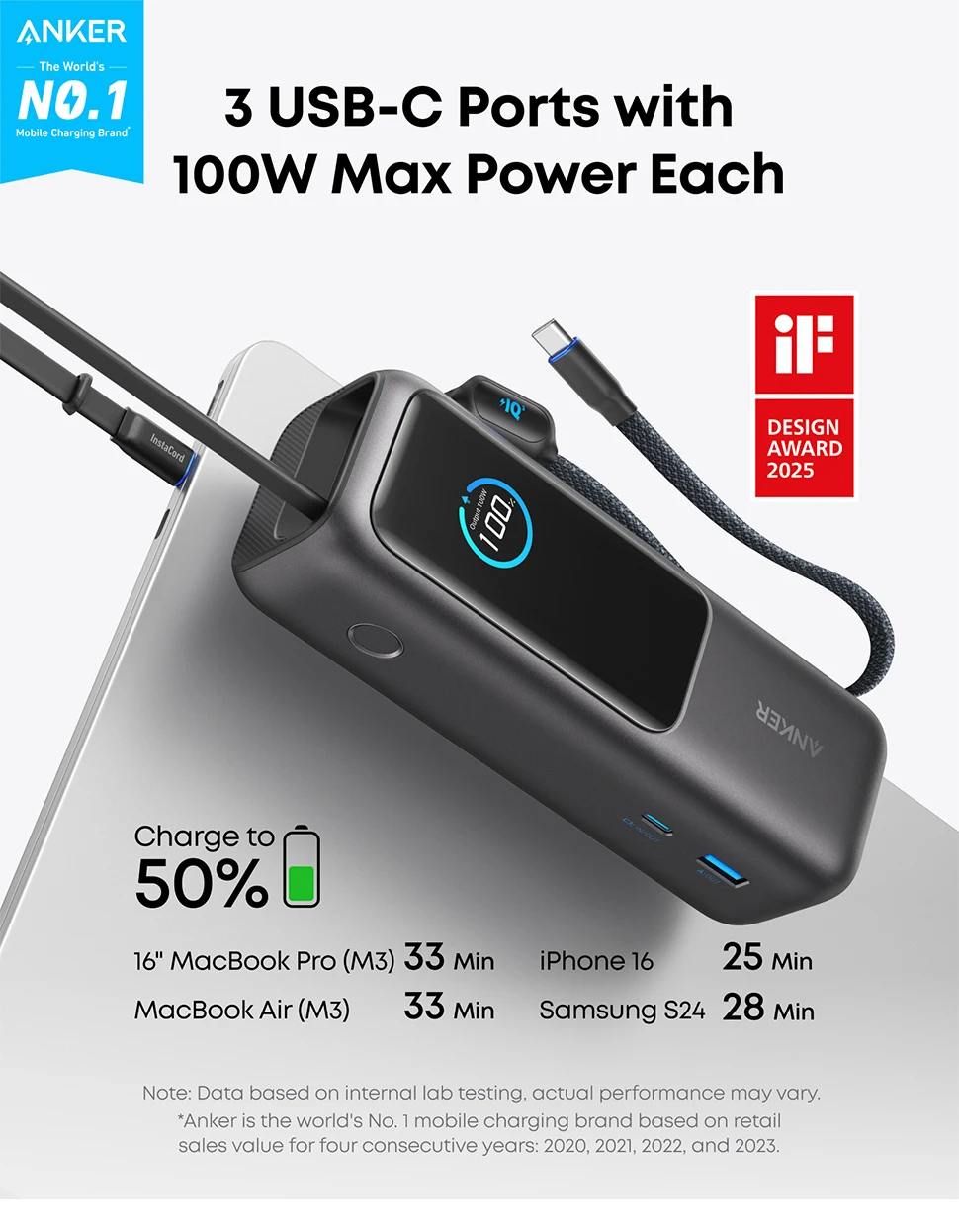 بنك طاقة للكمبيوتر المحمول Anker، شاحن محمول بقدرة 25,000 مللي أمبير في الساعة مع منافذ USB-C ثلاثية 100 وات للشحن متعدد الأجهزة