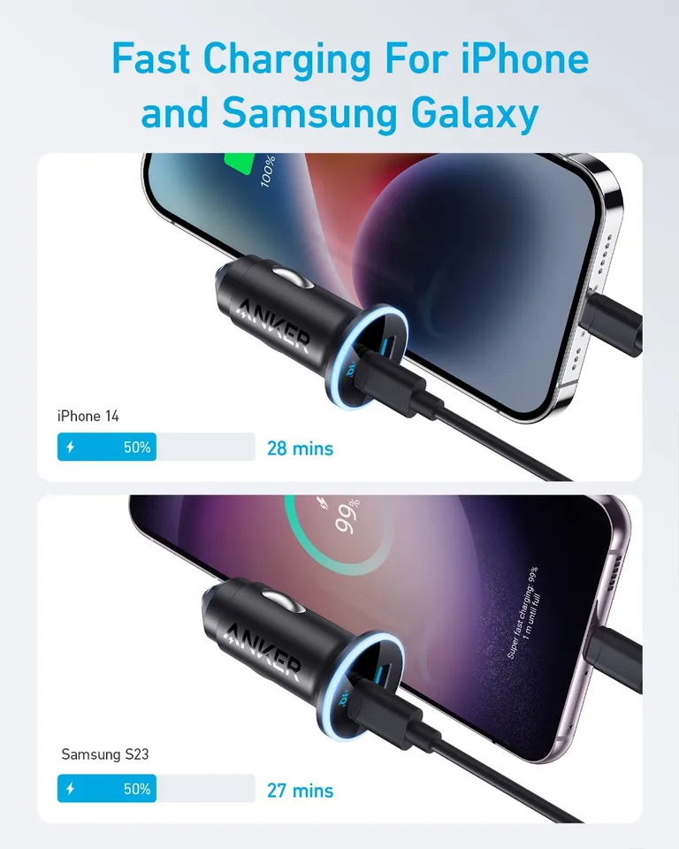 أنكر 52.5 واط USB C مهايئ شاحن سيارة أخف شاحن يو اس بي 323 أنكر شاحن سيارة مع 30 واط PowerIQ 3.0 شحن سريع