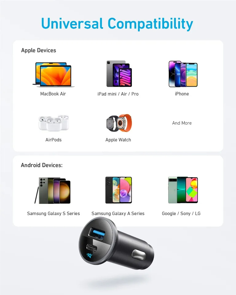 أنكر 52.5 واط USB C مهايئ شاحن سيارة أخف شاحن يو اس بي 323 أنكر شاحن سيارة مع 30 واط PowerIQ 3.0 شحن سريع
