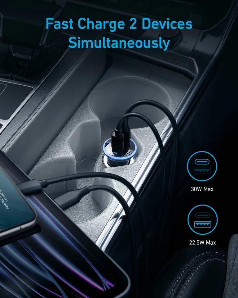 أنكر 52.5 واط USB C مهايئ شاحن سيارة أخف شاحن يو اس بي 323 أنكر شاحن سيارة مع 30 واط PowerIQ 3.0 شحن سريع